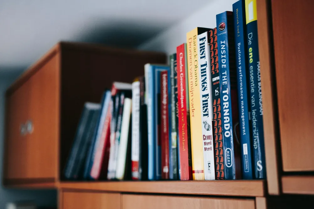 Books on a library shelf
