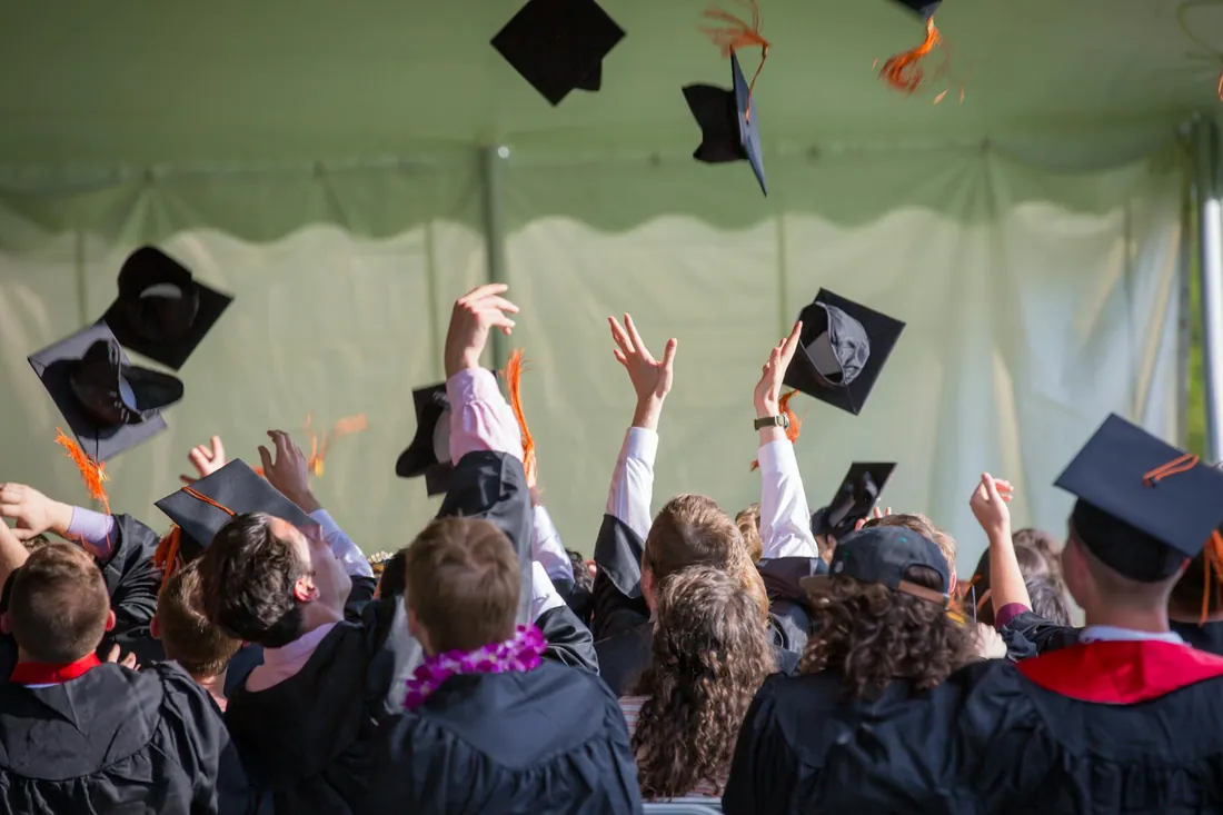 Graduates throwing their caps into the air