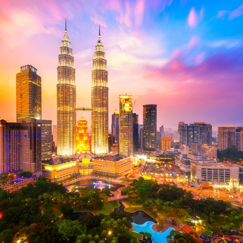 The Petronas Towers and skyline of Kuala Lumpur